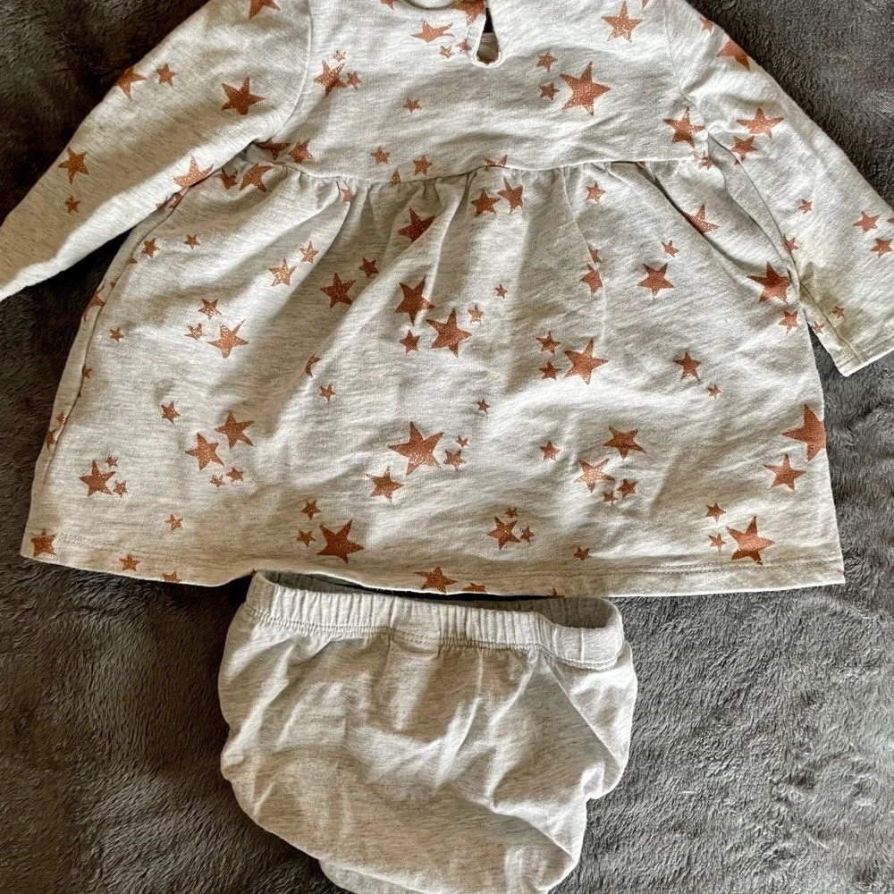 6-9M gray dress with rose gold stars and matching diaper cover
